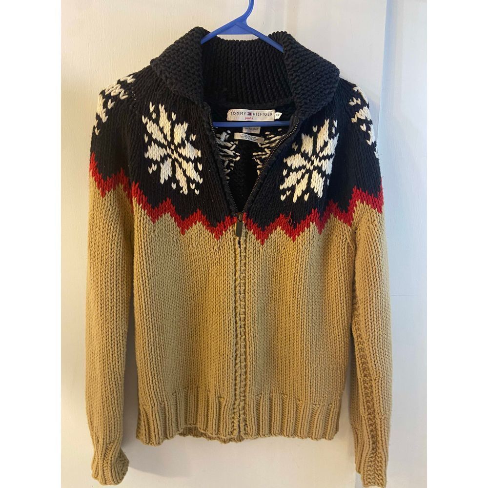 TH Tommy Hilfiger Jeans Hand Knit Chunky Y2K Cowl neck sweater Small‎ snowflakes